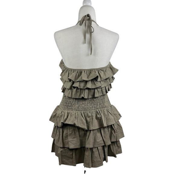 Tularosa Rory Linen Blend Mini Dress Medium Ruffled Smocked Backless Tie Neck - Picture 14 of 15
